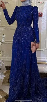 Verngo Kraljevsko Modra Muslimanskih Morska Deklica Večerne Obleke, Halje Skromno 2023 Sequined Arabski Elegantno Formalno Stranko Obleko Za Ženske