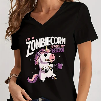 Smešno Majico Natisniti sem Zombiecorn Pred Moj Aparat za Ženske Kratkimi Rokavi, V-izrez Srčkan Samorog High Street Girl Modni Trend Majice