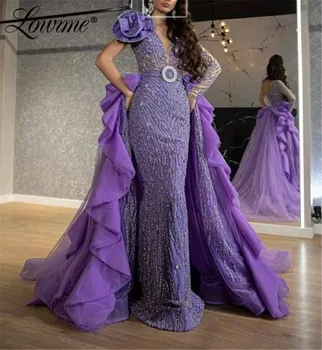 Dubaj Vijolično Večerne Obleke Formalno Sparkly Bleščice Kristali Slaven Obleke Dolgo Arabski Maroški Kaftans Stranka Halje 2020 Nova