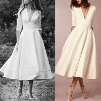 Poročni Tuš Vintage Malo Bele Obleke, Poročne Obleke Čaj Dolžina A-Line Pol Rokav V Vratu Satena Z Gub za Ženske