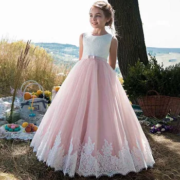 Čipke Til Roža Punca Obleke za Poroke Princesa Otrok, Prvo Obhajilo Pageant Večer Stranka Rojstni dan Maturantski Dolgo Žogo Obleke