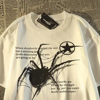 Ameriški retro ulica pajek bombaža, kratek sleeved majica s kratkimi rokavi moški poletje svoboden Evropski in Ameriški plima oversize nekaj y2k vrhovi