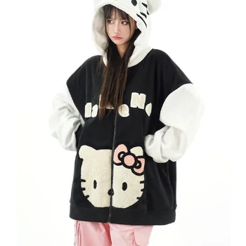 Kawaii Sanrio Hello Kitty Hooded Majica Srčkan Polar Runo Majica Zadrgo Plašč Jopico Ženske Svoboden Hoodies & Sweatshirts