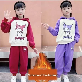 Anime Sanrios Plus Žamet Sweatpants Kompleti za Otroke Srčkan Kuromi Jeseni Pulover določi Modni Športni Obleko Risanka Božično Darilo