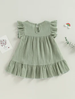 Vestido de lino y algodón con mangas de volantes par niños y niñas con bordado cvetlični plisado vestido de verano