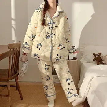 Pochacco tri plasti prešite pižamo za ženske zimske plus žamet zgosti topli koralni žamet bombažno jakno risanka domov oblačila