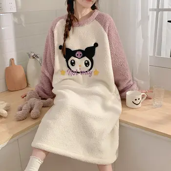 Sanrios Hello Kitty Kuromi Flanela Ženske Risanka Nightdress Jeseni, Pozimi Plašč Ženski Debelo, Toplo Obleko Dekle Sleepwear Božič