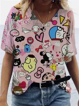 Nova moda V-neck T-shirt ženski Mickey Mouse natisnjeno barvo T-shirt poletje kratka sleeved Disney modne ulice za fotografiranje dekle