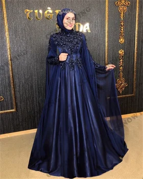 Royal Modra Dolg Rokav Muslimanskih Večerne Obleke Hidžab Islamske Formalno Stranko Obleke Saten Appliques Ženske Arabski Tam Kaftan Haljo De Soiree