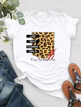 Tiskanje majice Ženske Priložnostne Ženski Kratek Rokav Leopard Pismo Lep Trend Dame Moda Oblačila T Oblačila Graphic Tee