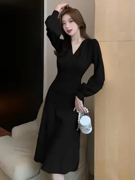 2023 Jeseni, Pozimi Novi Korejski Midi Obleko Sladko Eleganten Dolg Rokav Proti-Vrat Trdna Dvojno Zapenjanje Slim Fit Pletena Obleka Ženske