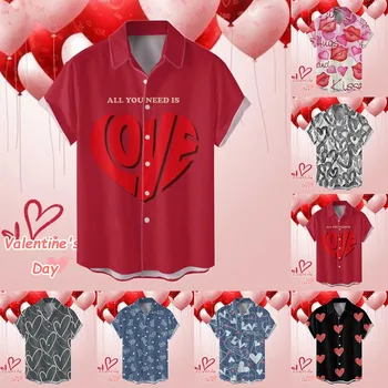 Moški Valentinovo Digitalni 3D Tiskanje Svoboden Gumb River Kratka Sleeved Majico Top Podjetja Etnične Svoboden