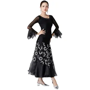 Gospa Ballroom Ples Obleka Z Dolgimi Rokavi Sneg-Tiskanje Valček Ples Nositi Cvetje Moderno Obleko Tango Ples Obleko
